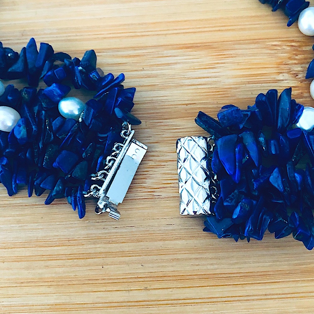 $96  5 Strand Estate Lapis and Pearl Necklace - Picture 2 of 6